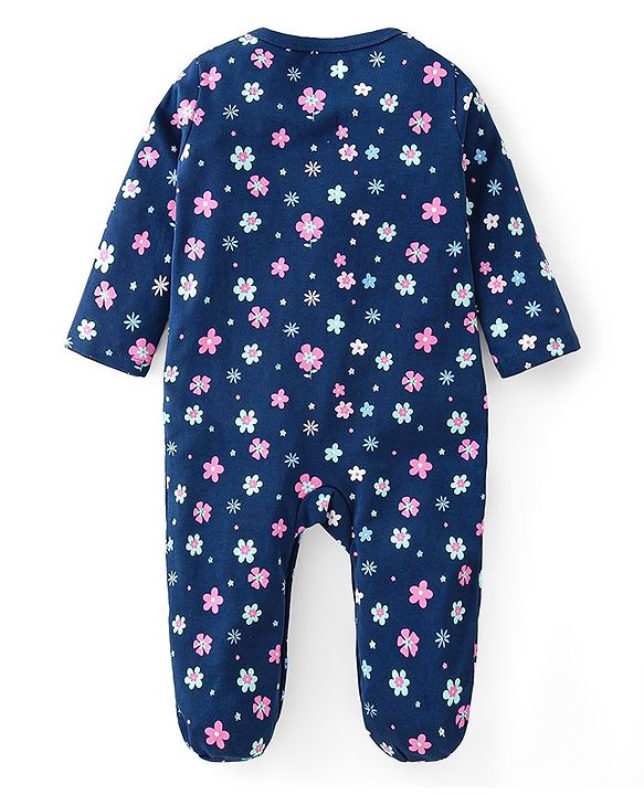 Babyhug Cotton Knit Full Sleeves Floral Printed Footed Sleepsuit - Navy Blue