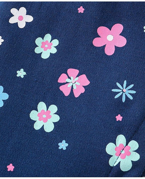 Babyhug Cotton Knit Full Sleeves Floral Printed Footed Sleepsuit - Navy Blue