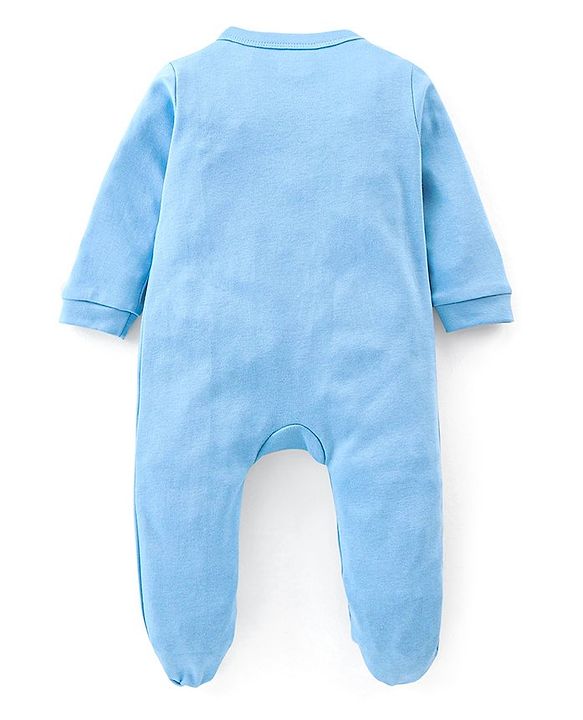Babyhug Cotton Knit Full Sleeves Footed Sleep Suit Lion Print - Blue
