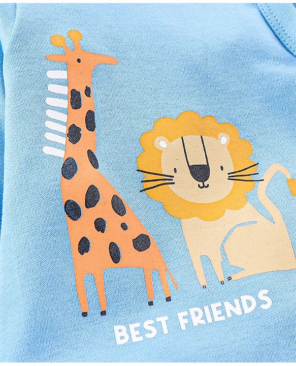 Babyhug Cotton Knit Full Sleeves Footed Sleep Suit Lion Print - Blue