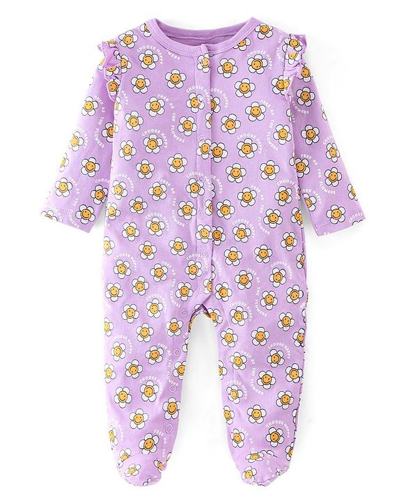 Babyhug Interlock Cotton Knit Full Sleeves Footed Sleepsuit Floral Print - Purple