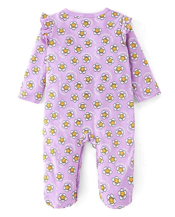 Babyhug Interlock Cotton Knit Full Sleeves Footed Sleepsuit Floral Print - Purple