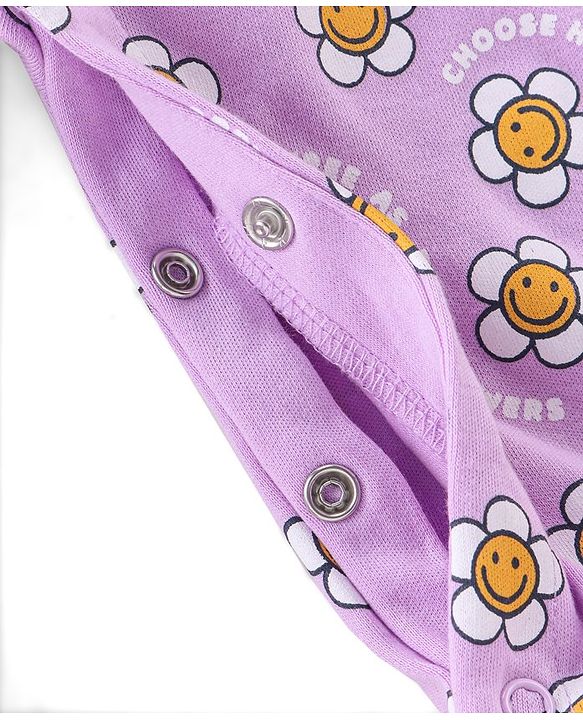 Babyhug Interlock Cotton Knit Full Sleeves Footed Sleepsuit Floral Print - Purple