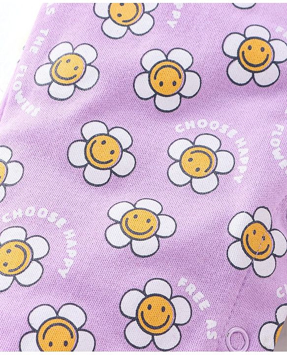 Babyhug Interlock Cotton Knit Full Sleeves Footed Sleepsuit Floral Print - Purple
