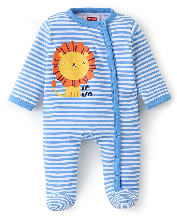 Babyhug Cotton Full Sleeves Sleep Suit Lion & Stripes Print- Blue
