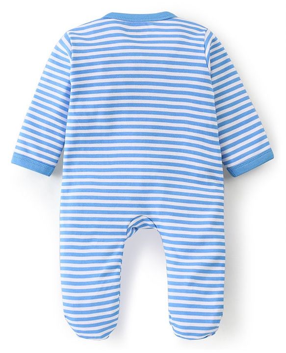 Babyhug Cotton Full Sleeves Sleep Suit Lion & Stripes Print- Blue