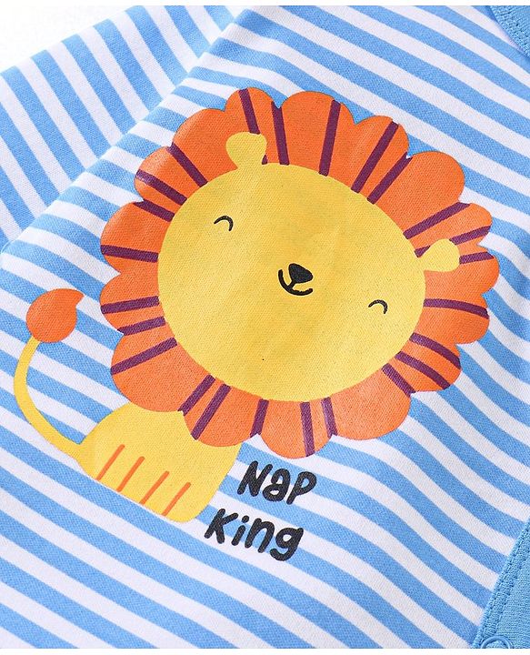 Babyhug Cotton Full Sleeves Sleep Suit Lion & Stripes Print- Blue