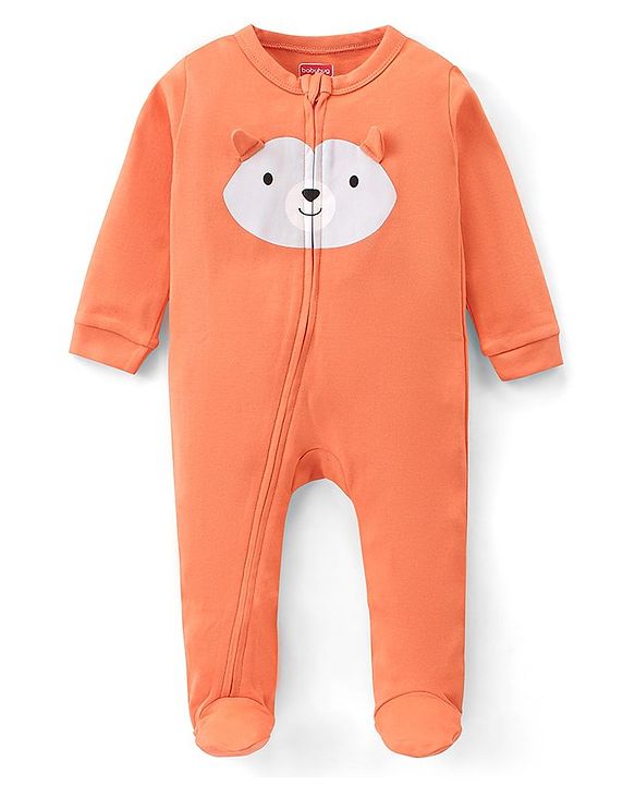 Babyhug Cotton Knit  Full Sleeves Bear Print Footed Sleepsuit - Orange