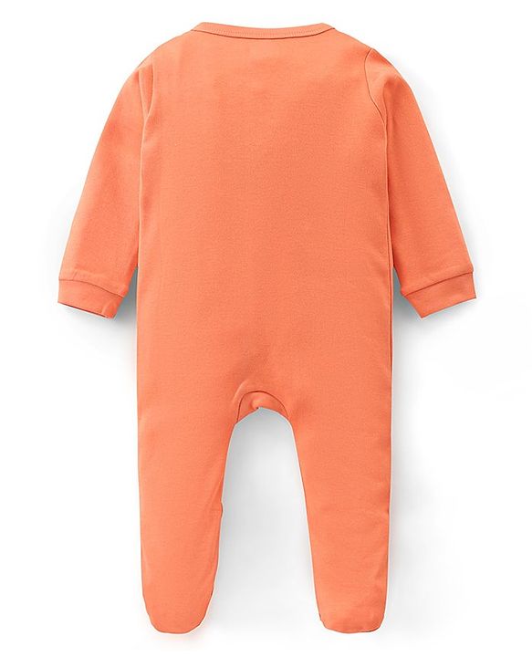 Babyhug Cotton Knit  Full Sleeves Bear Print Footed Sleepsuit - Orange