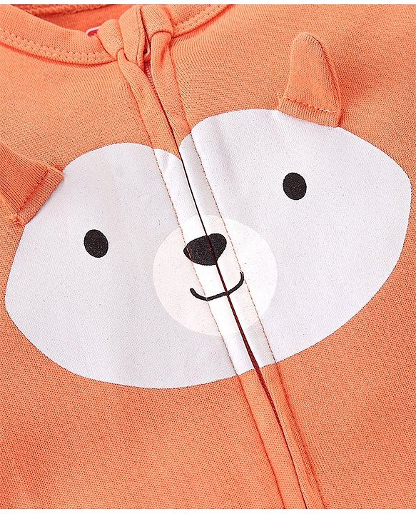 Babyhug Cotton Knit  Full Sleeves Bear Print Footed Sleepsuit - Orange