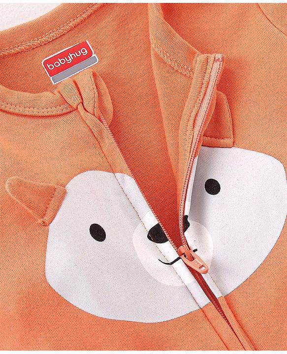 Babyhug Cotton Knit  Full Sleeves Bear Print Footed Sleepsuit - Orange
