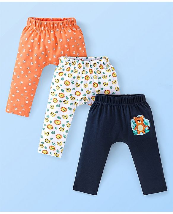 Babyhug Cotton Knit Full Length Diaper Pants Paws Print Pack of 3  - Orange Off White & Navy