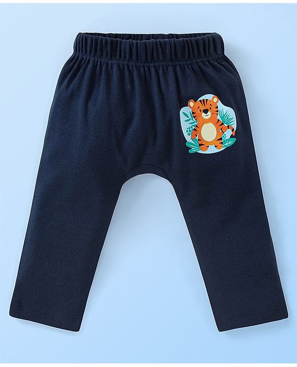 Babyhug Cotton Knit Full Length Diaper Pants Paws Print Pack of 3  - Orange Off White & Navy