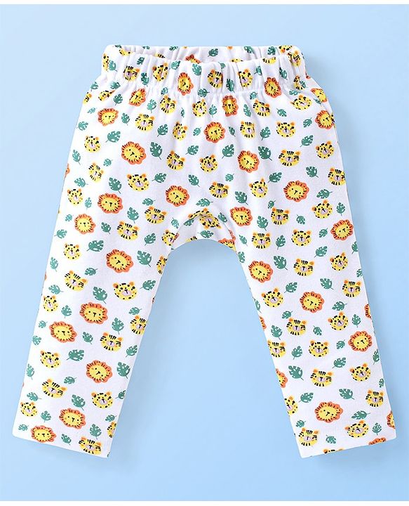 Babyhug Cotton Knit Full Length Diaper Pants Paws Print Pack of 3  - Orange Off White & Navy