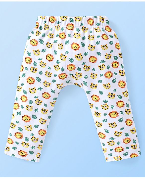 Babyhug Cotton Knit Full Length Diaper Pants Paws Print Pack of 3  - Orange Off White & Navy