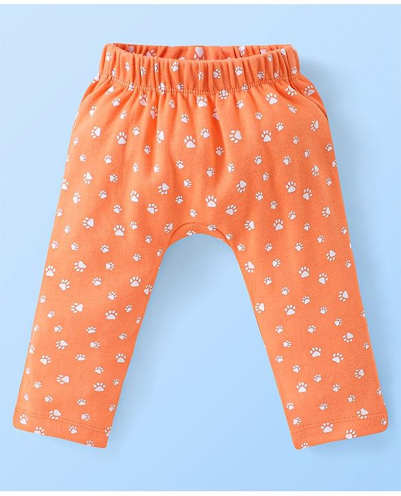 Babyhug Cotton Knit Full Length Diaper Pants Paws Print Pack of 3  - Orange Off White & Navy