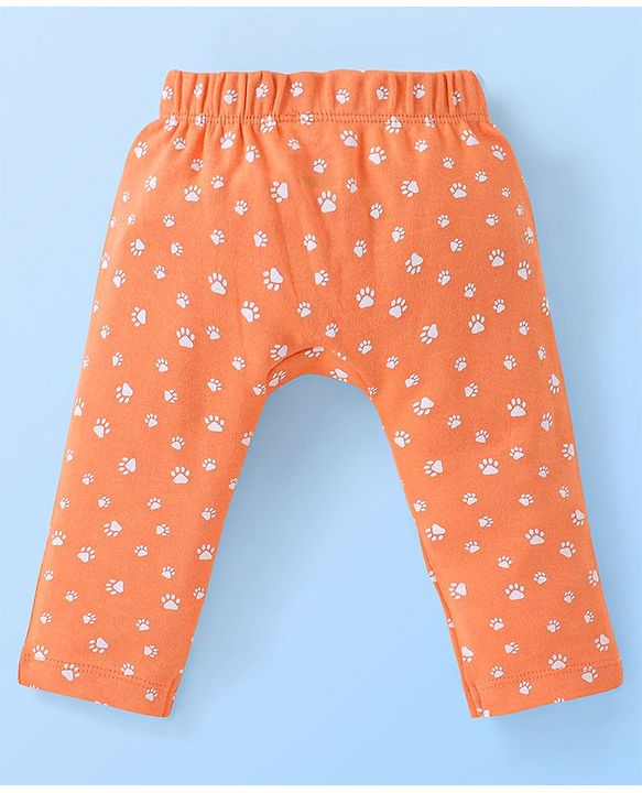 Babyhug Cotton Knit Full Length Diaper Pants Paws Print Pack of 3  - Orange Off White & Navy