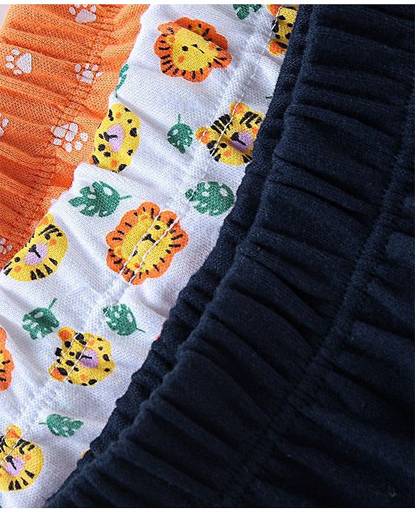 Babyhug Cotton Knit Full Length Diaper Pants Paws Print Pack of 3  - Orange Off White & Navy