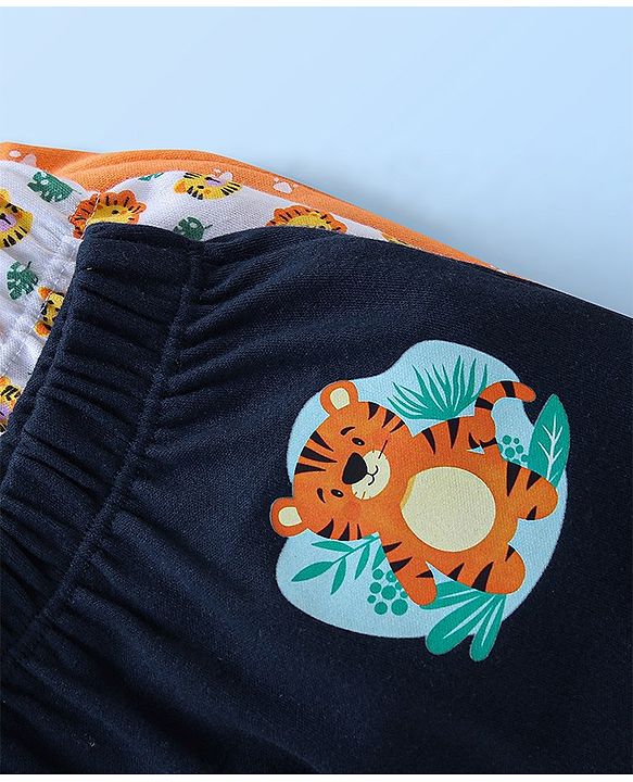 Babyhug Cotton Knit Full Length Diaper Pants Paws Print Pack of 3  - Orange Off White & Navy