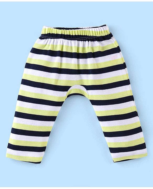 Babyhug Cotton Full Length Diaper Pants Stripes & Car Print Pack of 3- Blue Green & White