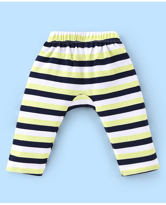 Babyhug Cotton Full Length Diaper Pants Stripes & Car Print Pack of 3- Blue Green & White