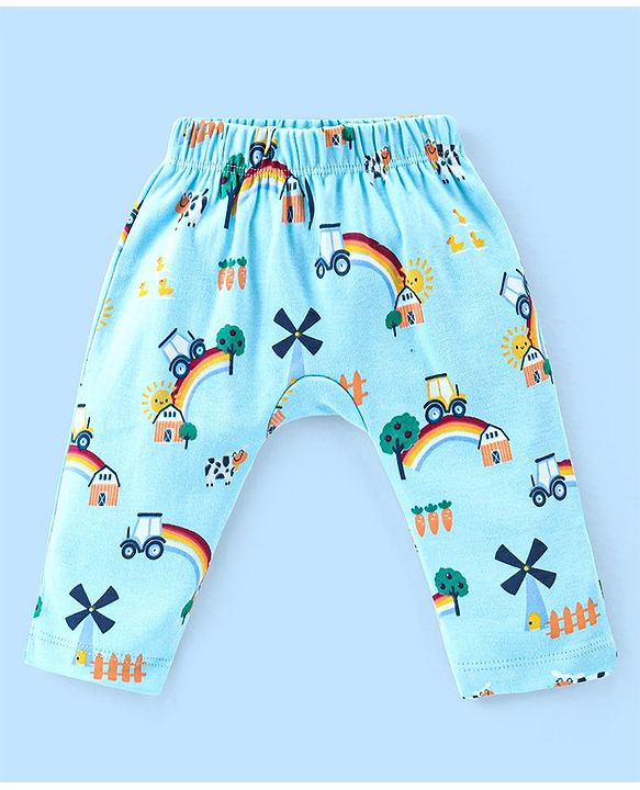 Babyhug Cotton Full Length Diaper Pants Stripes & Car Print Pack of 3- Blue Green & White
