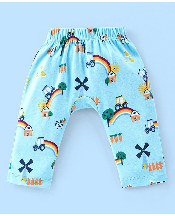 Babyhug Cotton Full Length Diaper Pants Stripes & Car Print Pack of 3- Blue Green & White