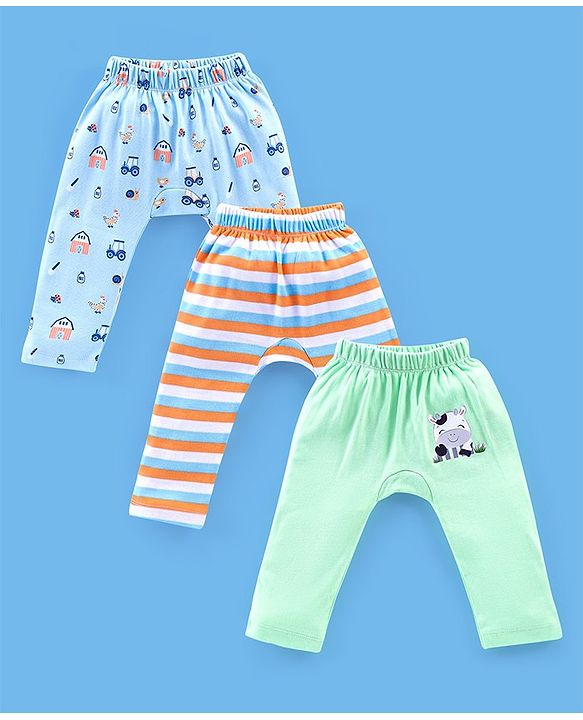 Babyhug Cotton Full Length Diaper Pants Stripes & Cow Print Pack of 3- Blue Green & Orange