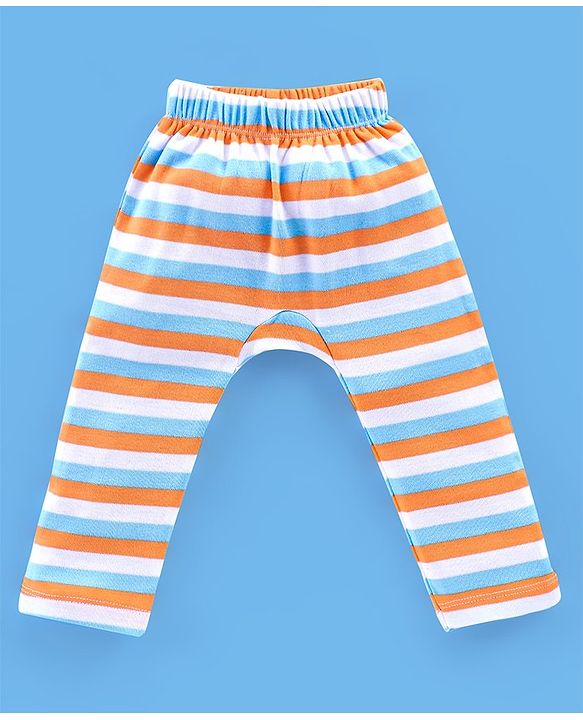 Babyhug Cotton Full Length Diaper Pants Stripes & Cow Print Pack of 3- Blue Green & Orange