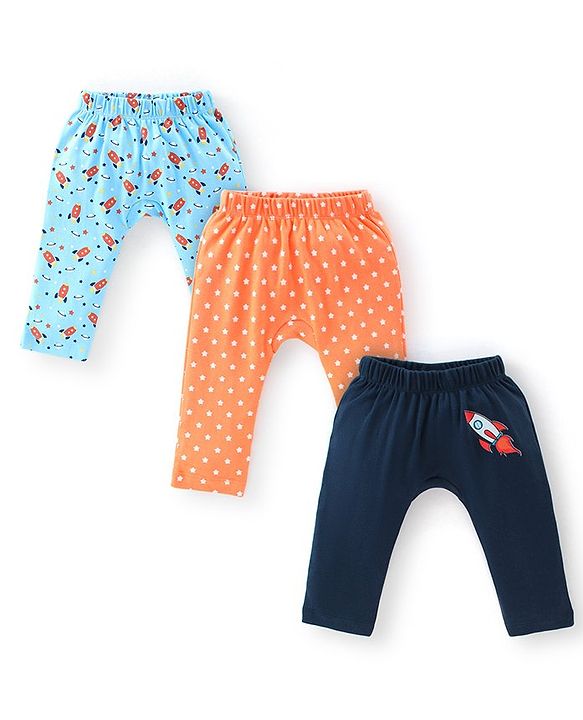 Babyhug Interlock Cotton Knit Full Length Diaper Pants Space Shuttle Print Pack of 3 - Navy Turquoise & Orange