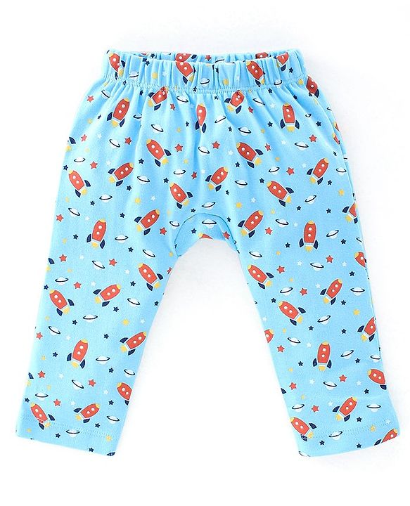 Babyhug Interlock Cotton Knit Full Length Diaper Pants Space Shuttle Print Pack of 3 - Navy Turquoise & Orange