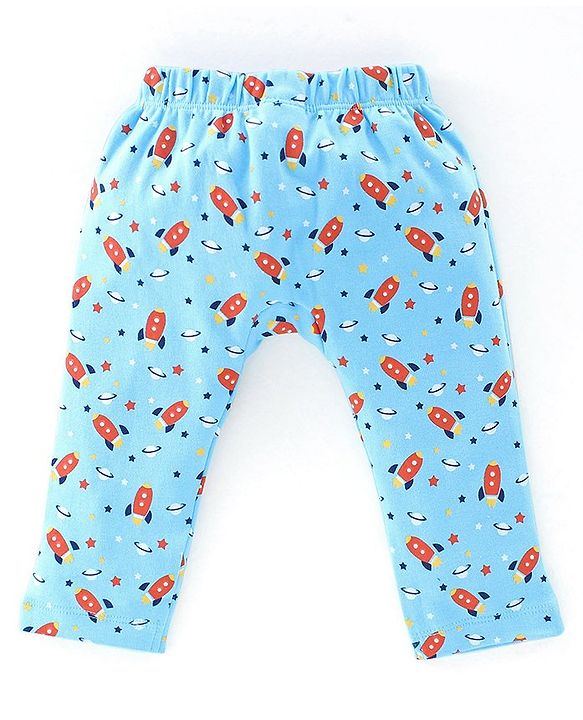 Babyhug Interlock Cotton Knit Full Length Diaper Pants Space Shuttle Print Pack of 3 - Navy Turquoise & Orange
