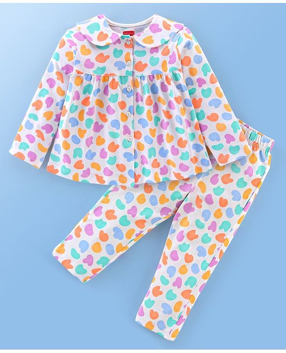 Babyhug Cotton Knit Full Sleeves Night Suit Abstract Print - White