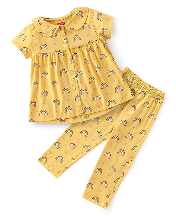 Babyhug Cotton Knit Half Sleeves Night Suit With Rainbow Print - Yellow