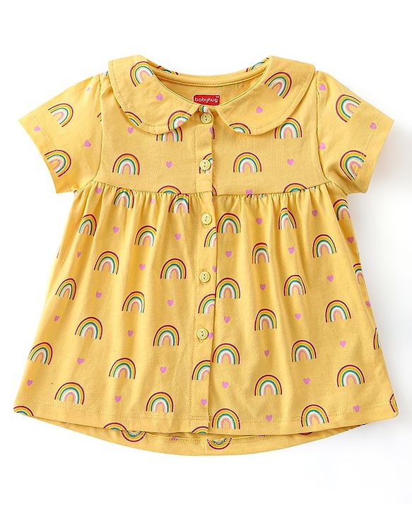 Babyhug Cotton Knit Half Sleeves Night Suit With Rainbow Print - Yellow