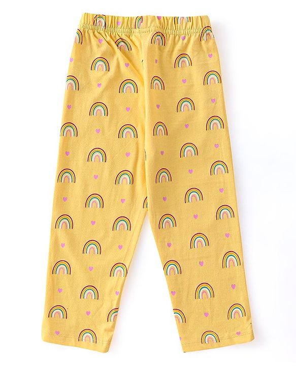 Babyhug Cotton Knit Half Sleeves Night Suit With Rainbow Print - Yellow