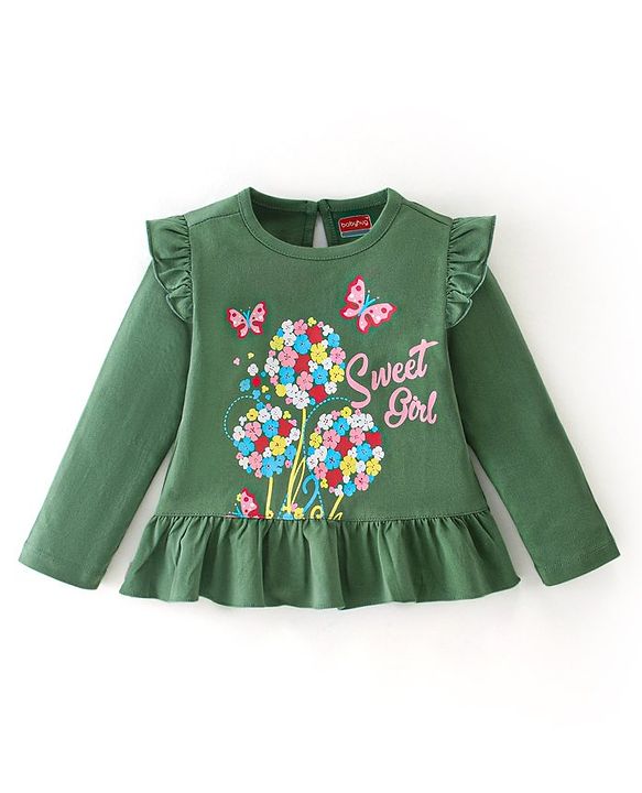 Babyhug Cotton Knit Full Sleeves Floral Print Tee With Floral Graphics and Frill Detailing - Green