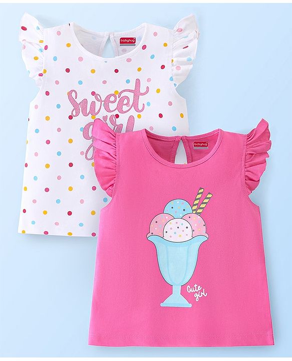 Babyhug Cotton Half Sleeves Tee With Ice Cream Graphics & Frill Detailing Pack Of 2 - White & Pink