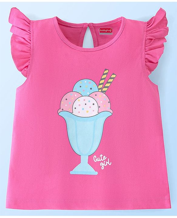 Babyhug Cotton Half Sleeves Tee With Ice Cream Graphics & Frill Detailing Pack Of 2 - White & Pink