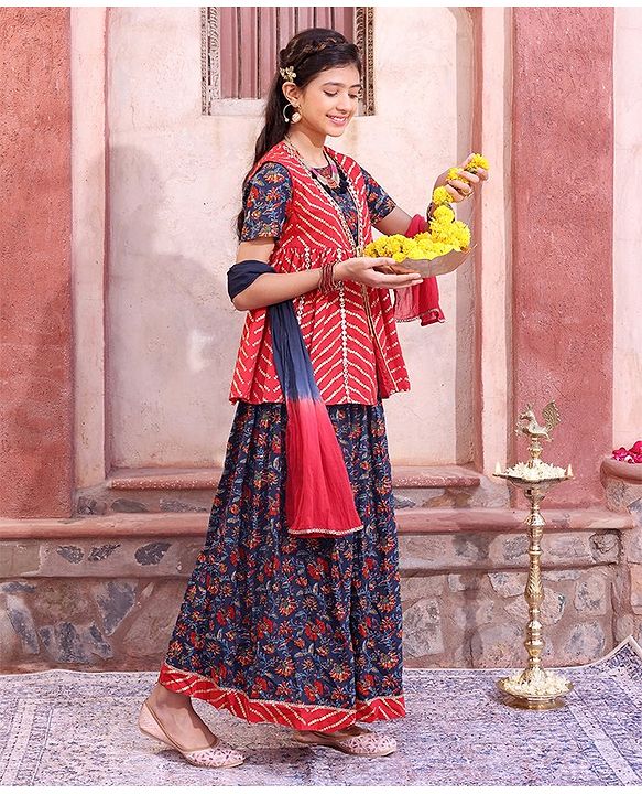 Pine Kids 100% Cotton Half Sleeves All Over Floral Printed Choli Lehenga Set with Shrug & Dupatta- Navy Blue