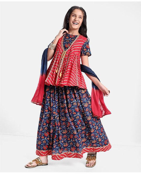 Pine Kids 100% Cotton Half Sleeves All Over Floral Printed Choli Lehenga Set with Shrug & Dupatta- Navy Blue