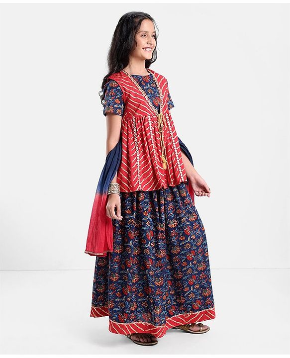 Pine Kids 100% Cotton Half Sleeves All Over Floral Printed Choli Lehenga Set with Shrug & Dupatta- Navy Blue