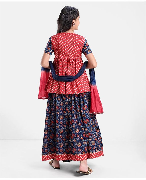 Pine Kids 100% Cotton Half Sleeves All Over Floral Printed Choli Lehenga Set with Shrug & Dupatta- Navy Blue