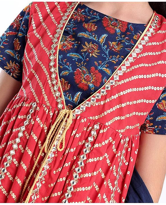 Pine Kids 100% Cotton Half Sleeves All Over Floral Printed Choli Lehenga Set with Shrug & Dupatta- Navy Blue