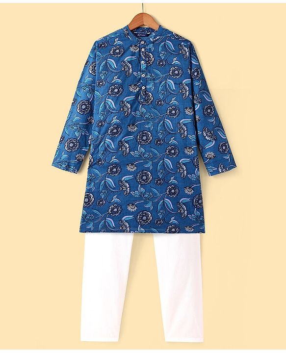 Pine Kids Cotton Full Sleeves All Over Printed Kurta Pyjama Set- Navy Blue