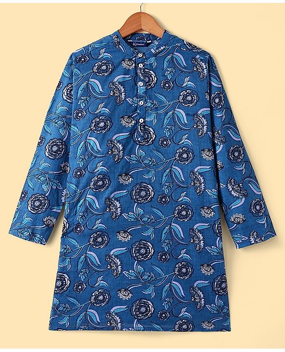 Pine Kids Cotton Full Sleeves All Over Printed Kurta Pyjama Set- Navy Blue