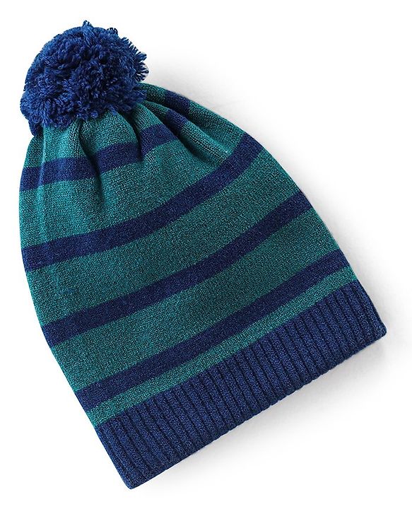Babyhug Striped Print Woollen Cap Green & Blue - Diameter 10.5 cm