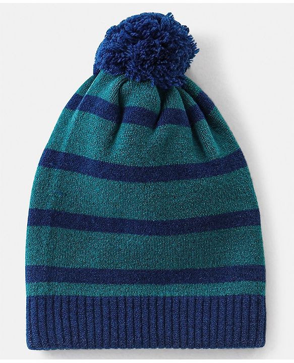 Babyhug Striped Print Woollen Cap Green & Blue - Diameter 10.5 cm