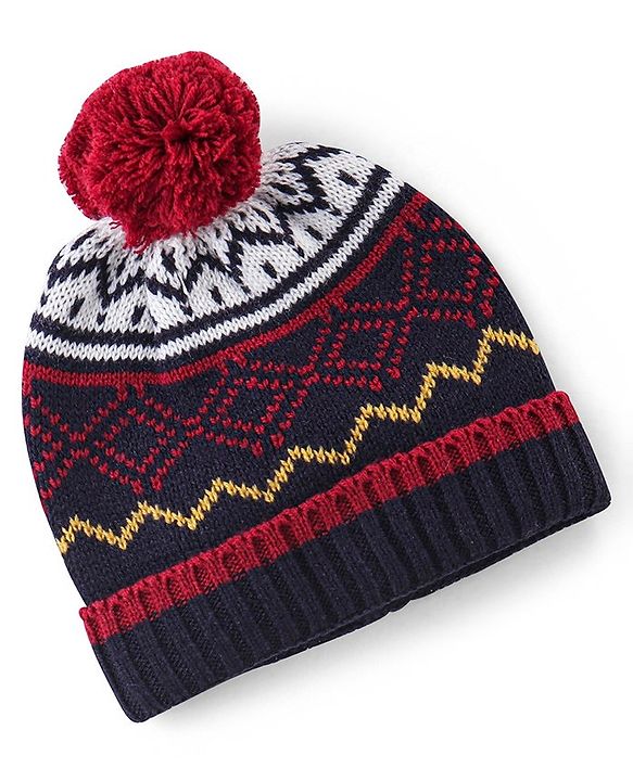 Babyhug Woollen Knit Cap With Pom Pom Navy Blue & Red  - Diameter 12 cm