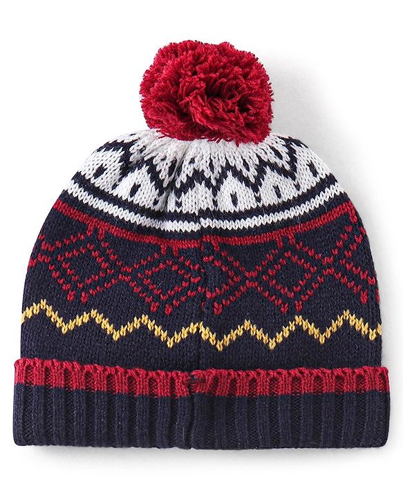 Babyhug Woollen Knit Cap With Pom Pom Navy Blue & Red  - Diameter 12 cm